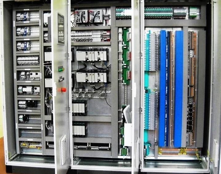 DCS control panel with wiring, modules and terminal blocks