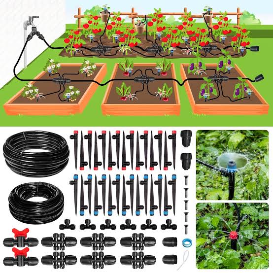Drip irrigation kit with pipes, emitters and fittings
