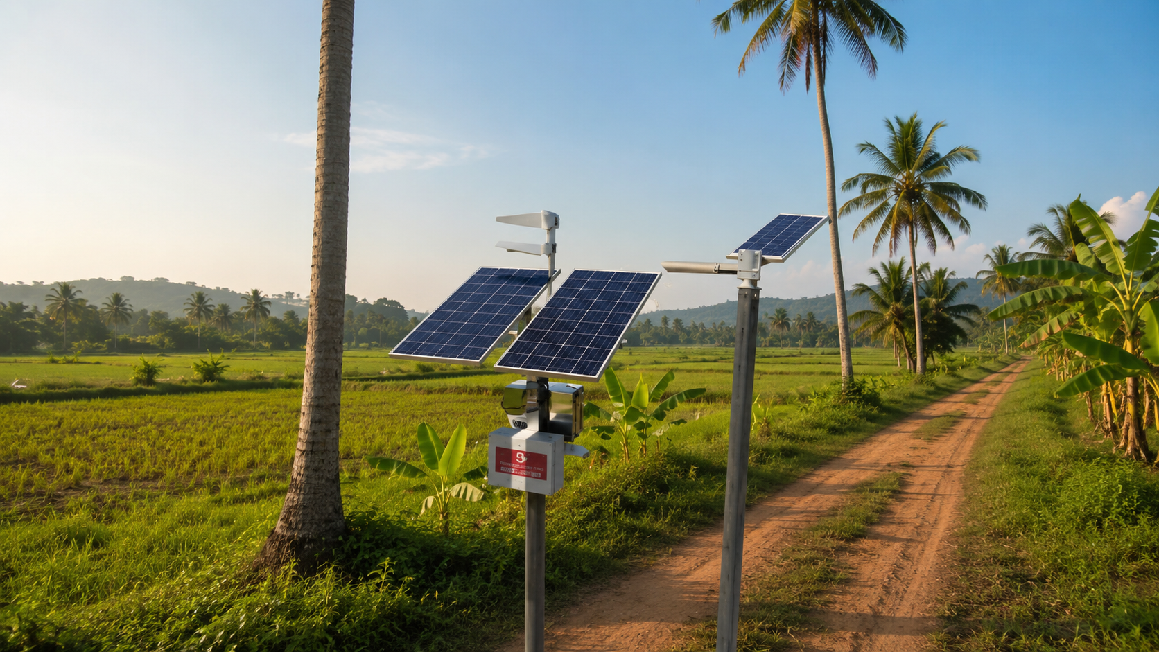 Solar-powered CCTV and lighting equipment beside a farm boundary in Goa