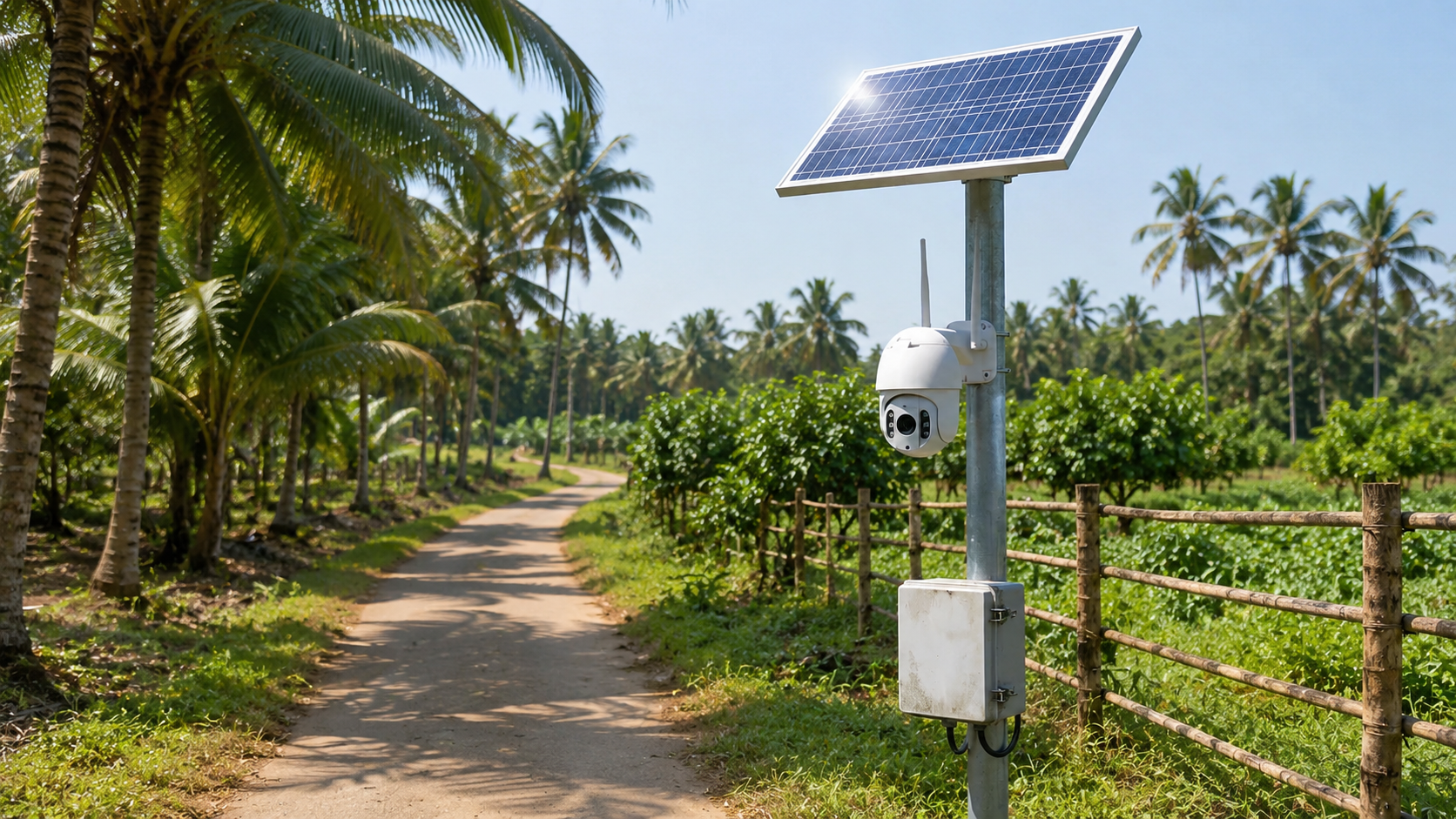 Solar-powered CCTV camera installed along a farm road in Goa